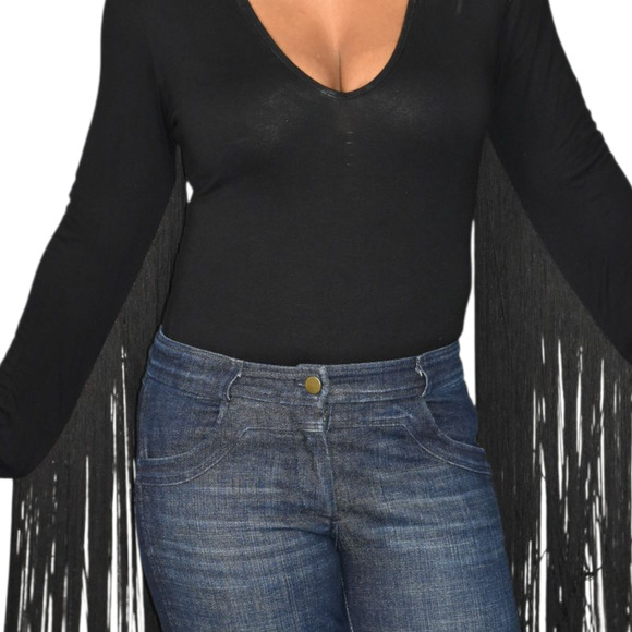 ASOS Fringe Bodysuit Black Plunge V Neck Long Sleeve Stretch Statement Blouse 6 - Picture 4 of 13
